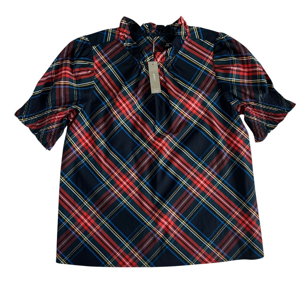 NWT J. Crew 2022 Smocked Puff Sleeve Cotton Poplin Top Stewart Tartan S Holiday